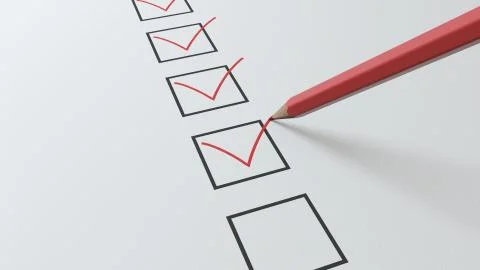 3d render checklist a red pencil will tick in black squares Stock Illustration