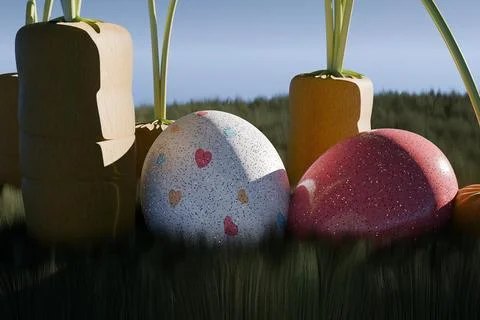 3d render of cheerful easter eggs and carrots in grassy field Stockillustratie