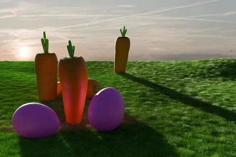 3d render of cheerful easter eggs and carrots in grassy field Stockillustratie