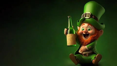 3D Render of Cheerful Leprechaun Man Holding Wine Bottle In Sitting Pose On.. Stock Illustration
