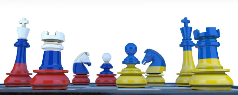 3D render Chess board game in real world.Between Russia and Ukraine Stock Illustration
