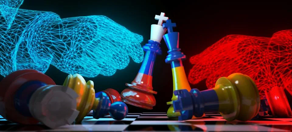 3D render chess game in real world between Russia and Ukraine Stock Illustration