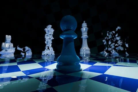 3d render of chess pieces shattering as pawn prepares to acheive checkmate 库存插图