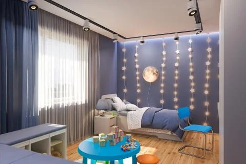 3d render of the children's bedroom interior in deep blue color. Stock Illustration