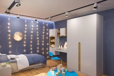 3d render of the children's bedroom interior in deep blue color. Illustrazione stock