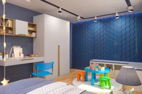 3d render of the children's bedroom interior in deep blue color. Stock Illustration