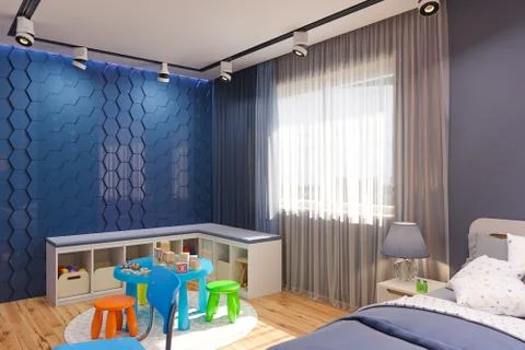 3d render of the children's bedroom interior in deep blue color. Illustrazione stock