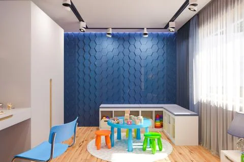 3d render of the children's bedroom interior in deep blue color. Stock Illustration