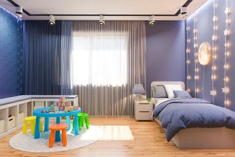 3d render of the children's bedroom interior in deep blue color. Stock Illustration