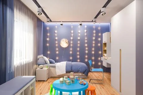 3d render of the children's bedroom interior in deep blue color. Stock Illustration