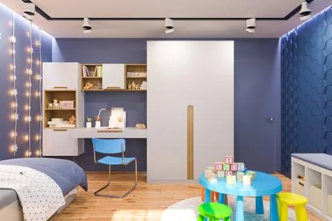 3d render of the children's bedroom interior in deep blue color. Stock Illustration