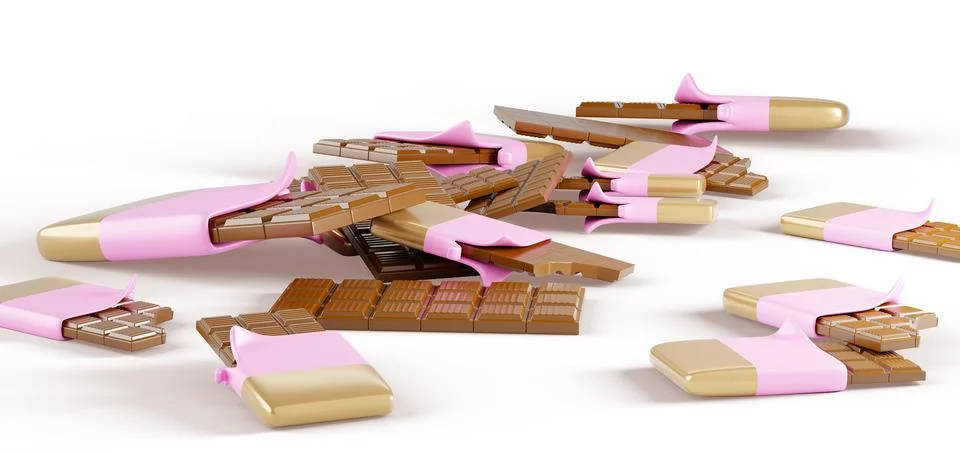 3d render chocolate bars scattered on white surface background. Whole and bite Illustrazione stock