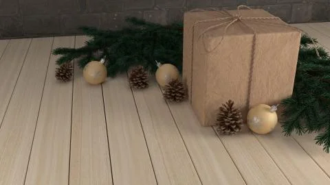 3d render of Christmas background with gift box and baubles Illustrazione stock