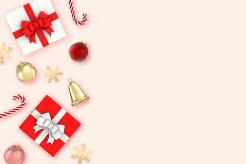 3d render Christmas Background.two Gifts box,snowflakes,candy,bells,christm.. Stock Photos