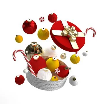 3d render. Christmas gift box opened, ornaments flying out on white background Stock Illustration