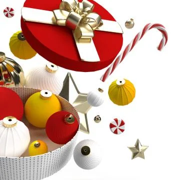 3d render. Christmas gift box opened, ornaments flying out on white background Stock Illustration