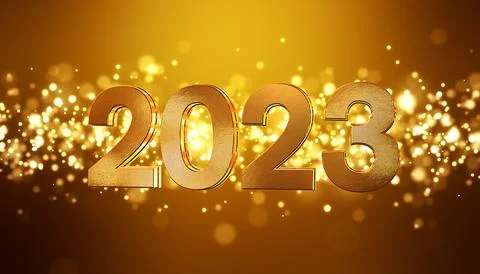 3d render - christmas golden light shine particles bokeh and the numbers 2023 Stock Illustration