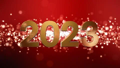 3d render - christmas golden light shine particles bokeh and the numbers 2023 Illustrazione stock