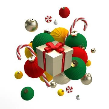 3d render Christmas ornaments, gift, red and gold balls, stars on red background Stock Illustration