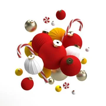 3d render Christmas ornaments, red and gold balls, stars and candy cane on white Stock Illustration
