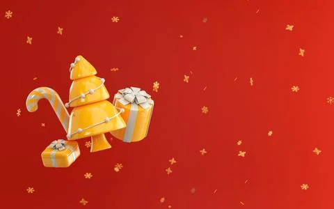3d render of christmas tree, candy christmas, yellow gift, with red background Stock Photos