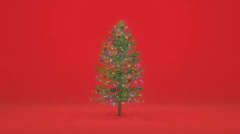 3D Render. Christmas tree on red background. Colorful toy balls, glowing deco Stock Illustration