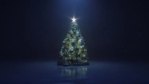 3d render Christmas tree with a shining star and a garland in the dark with Stock Illustration