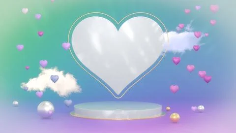 3D Render of Circle Shaped Podiumand Heart Frame Illustration