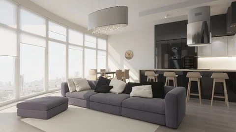 3D render circled the interior of the living room in a modern style Stock Footage 104856991