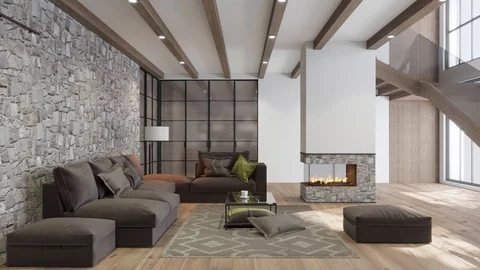3D render. Circled the interior of the living room in a modern style Stock Footage 105672473
