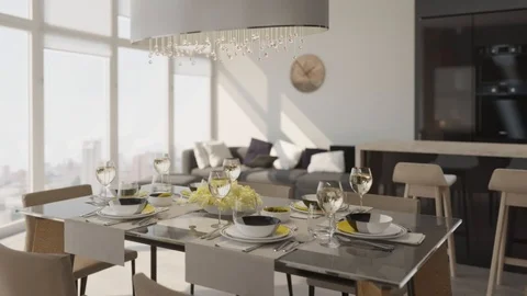 3d render. Circular flying around the table in the dining room in a modern inter Stock Footage 106749490