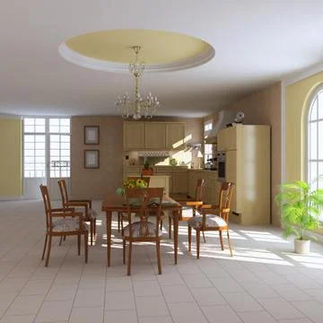 3d render classic dining room and kitchen Illustrazione stock