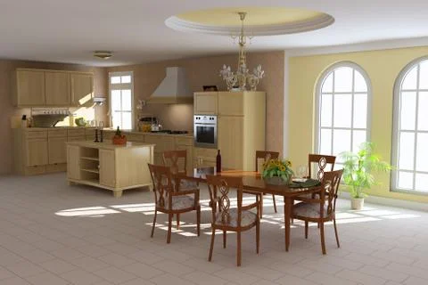 3d render classic dining room and kitchen Stock Illustration