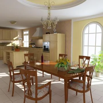3d render classic dining room and kitchen Stock Illustration