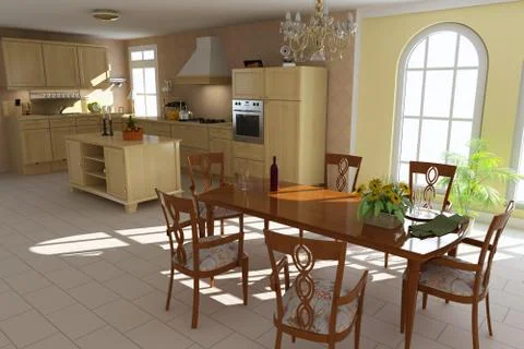 3d render classic dining room and kitchen Stock Illustration