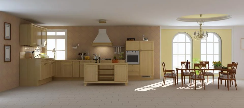 3d render classic dining room and kitchen Stock Illustration