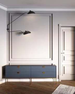 3d render classic interior with moldings, door, lamp, chest of drawers Stock Illustration