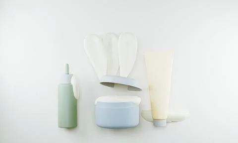 3d render. Cleansing cosmetics for face wash. Cosmetic jars with cream and foam Illustrazione stock