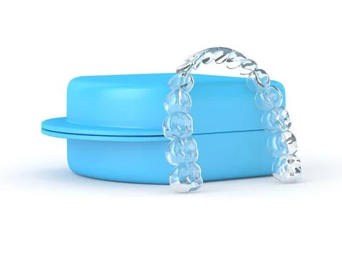 3d render of clear and removable aligner with case over white background Ilustração Stock