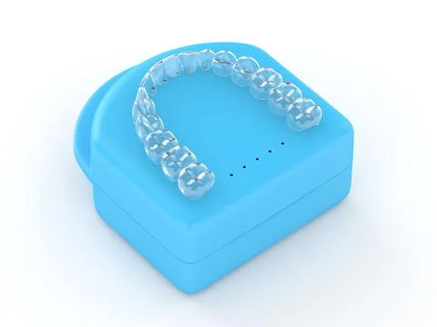 3d render of clear and removable aligner with case over white background Stock Illustration
