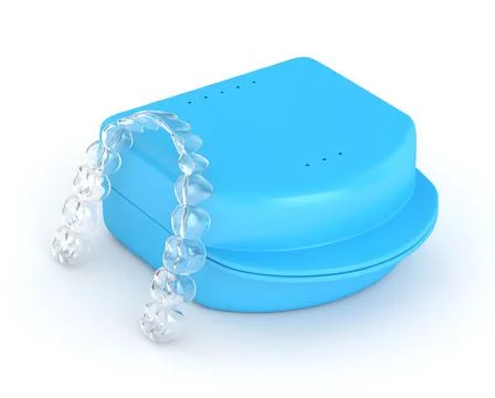 3d render of clear and removable aligner with case over white background Stock Illustration