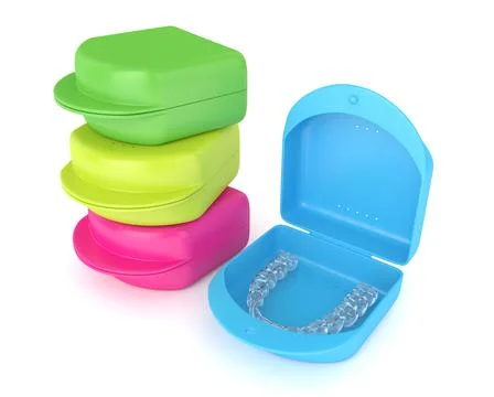 3d render of clear and removable aligner with cases over white background Stock Illustration