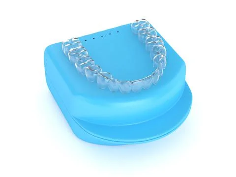3d render of clear and removable aligner with case over white background Stock-Illustration