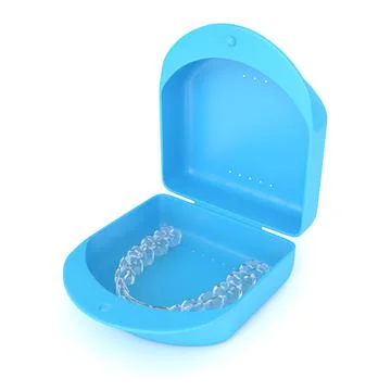 3d render of clear and removable aligner with case over white background Stock Illustration