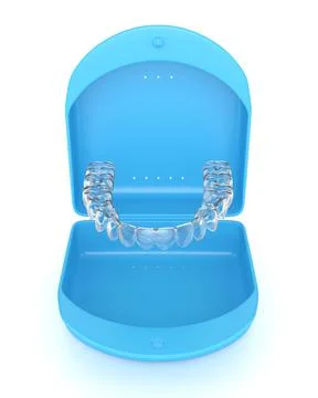 3d render of clear and removable aligner with case over white background Stock Illustration