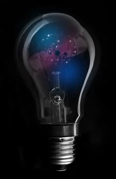 3D render clear bulb is glowing on black background, showing drifting blue and Stock Illustration