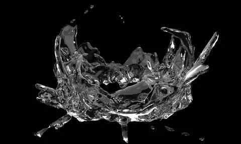 3d render of clear water liquid splash or flow on isolated black background Illustrazione stock