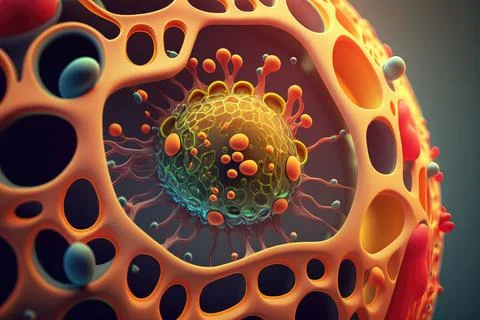 3d render close up of a cell inside an orange structure, illustration Illustrazione stock