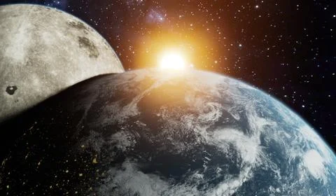 3D Render of Close up of Earth with the moon closely behind.Elements of this Stock Illustration