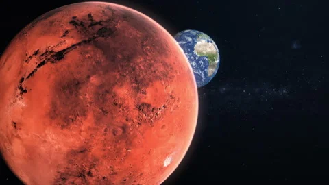3D Render Close Up Mars Red Planet And Show Up Earth World Planet On Galaxy S Stock Footage 205059916